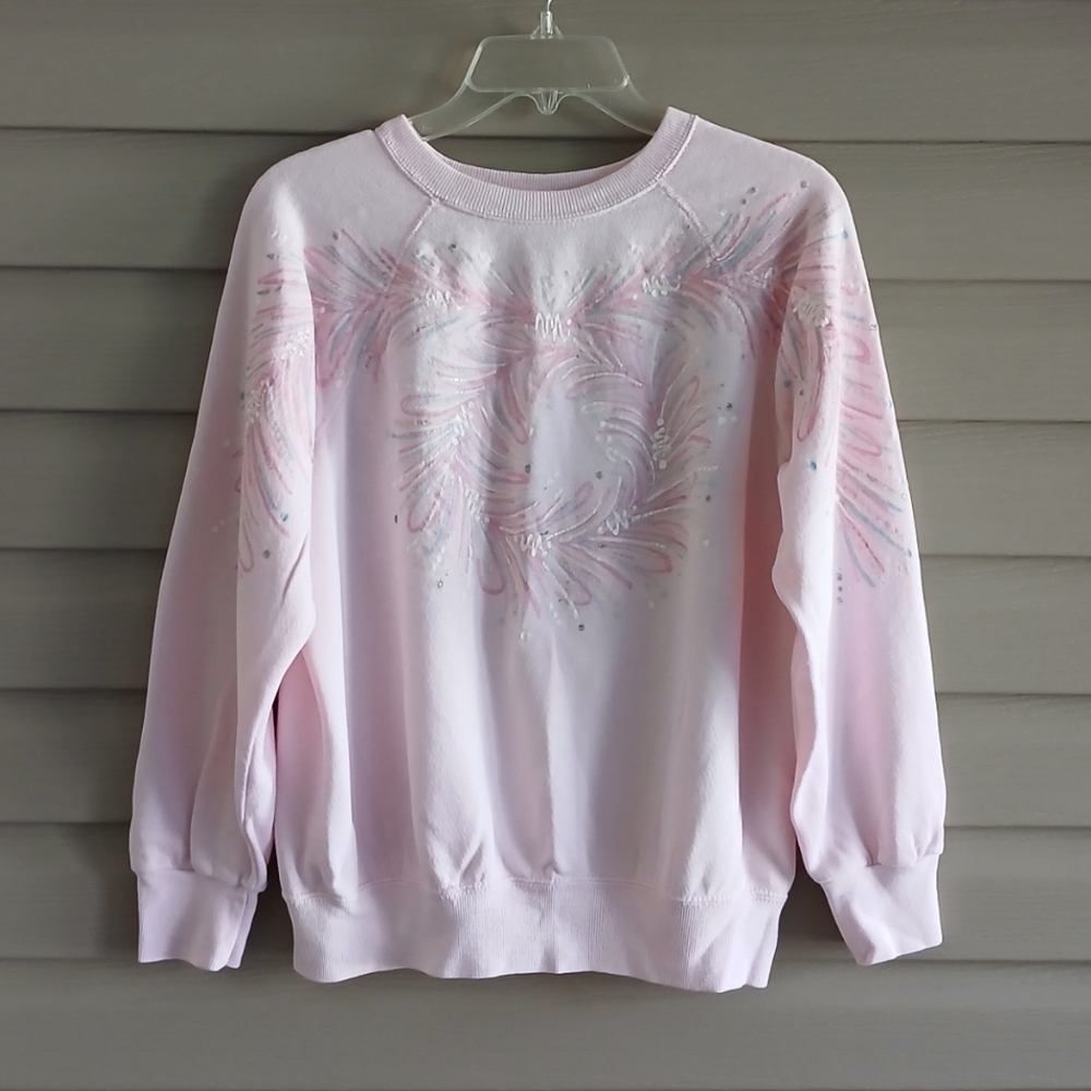Vintage 80's 90's S/M pastel baby light pink feather sweatshirt pullover